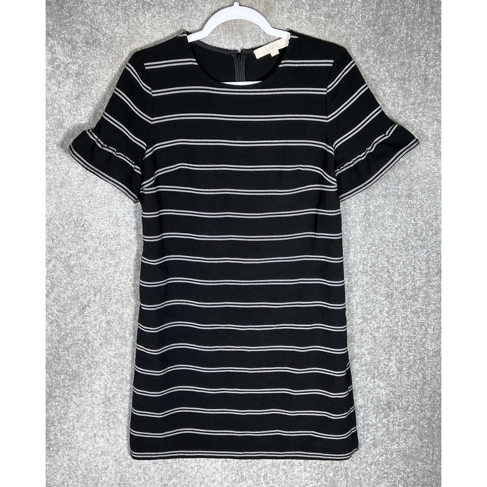 Ann Taylor LOFT Dress Womens Size 8 Black White Striped‎ Stretch Ruffle Cuffs